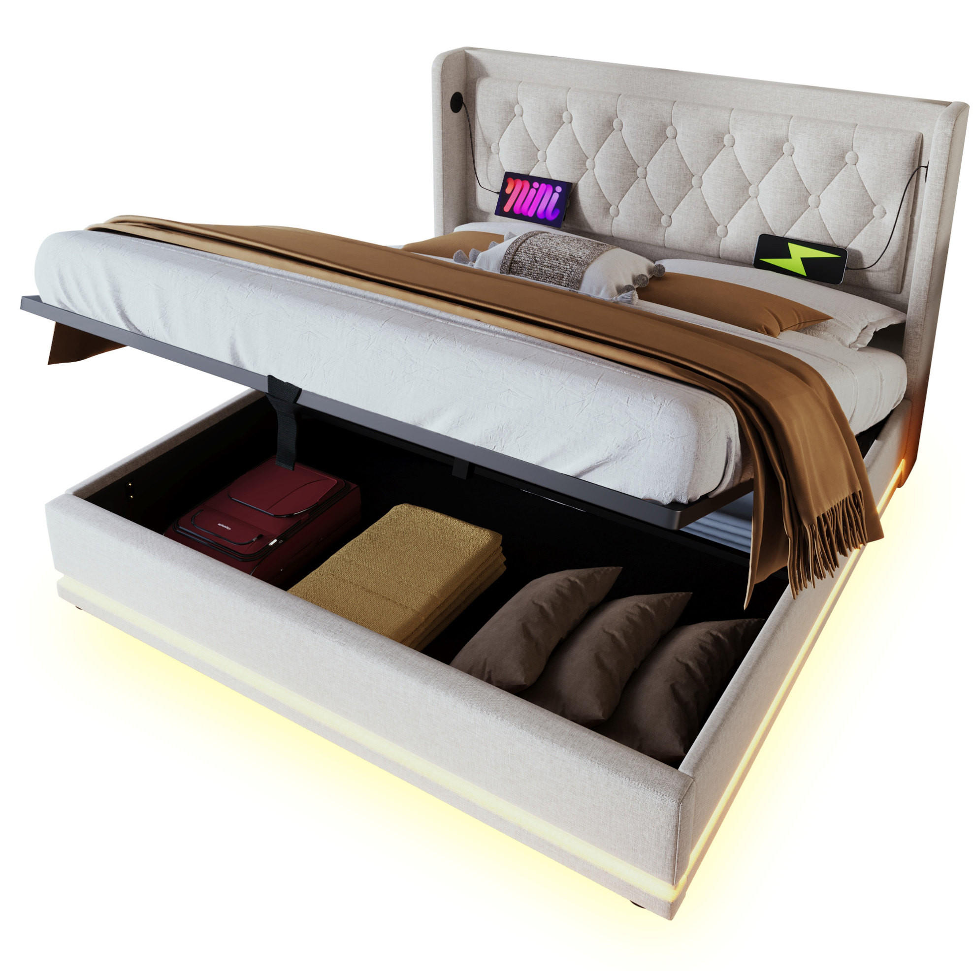 POLSTERBETT 160/200 cm Beige aus Baumwolle mit Bettkasten - Beige, Textil (160/200cm) - OKMYHOME
