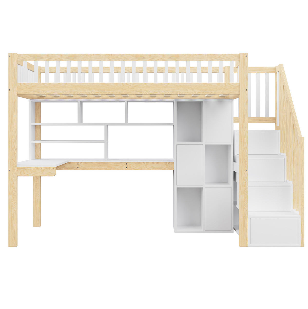 HOCHBETT aus Kiefernholz und MDF 90x200 cm Weiß/Natur mit LED-Beleuchtung, Ablageleiter, Regalen und Schreibtisch - Weiß, Holzwerkstoff (90/200cm) - Modfu
