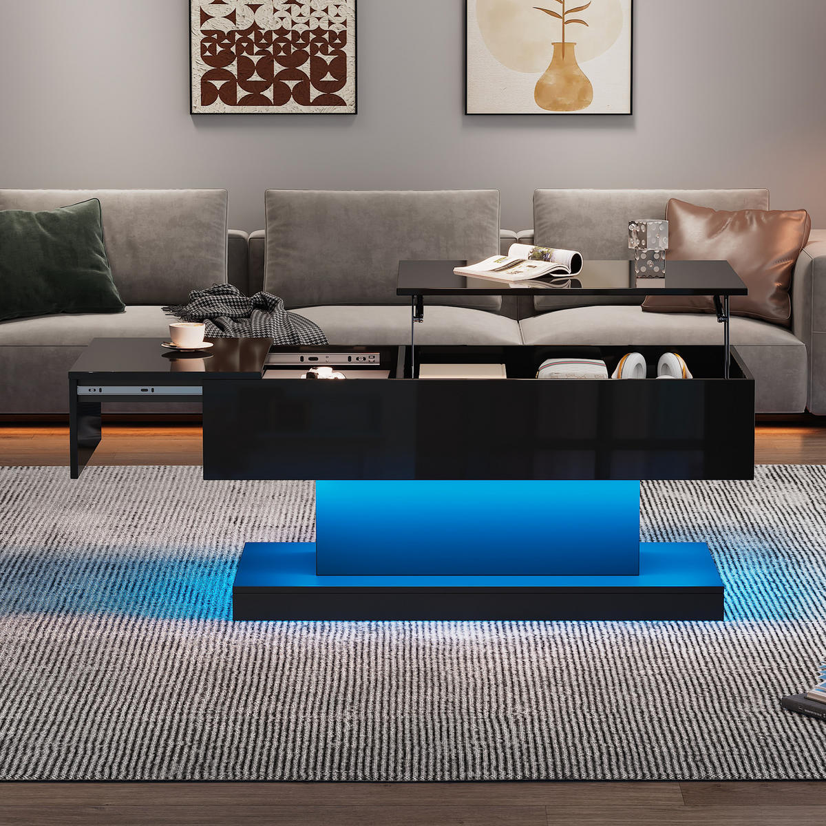 COUCHTISCH Hochglanz Schwarz mit LED Liftfunktion & Stauraum 100×50 cm - Schwarz, Holzwerkstoff (50/100/45cm) - Urban Meuble