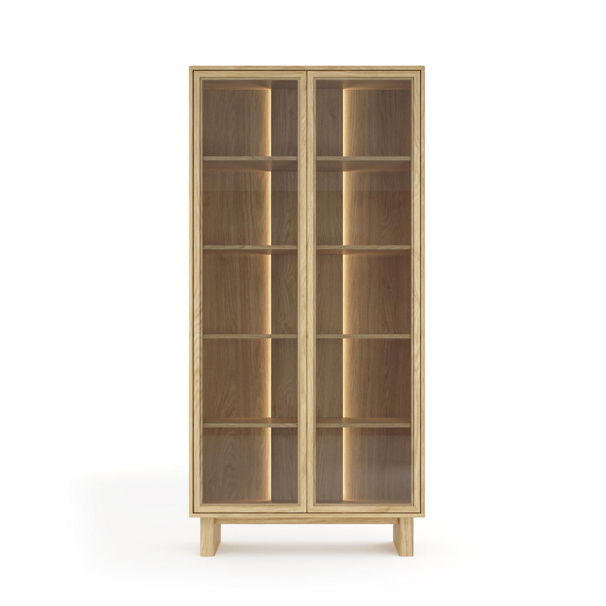 VITRINE VIRONE (Geölte Eiche, LED-Beleuchtung, Glasfronten, Push-to-Open, hohe Füße) - Eichefarben, Holz/Holzwerkstoff (93/195/38cm) - Ravio