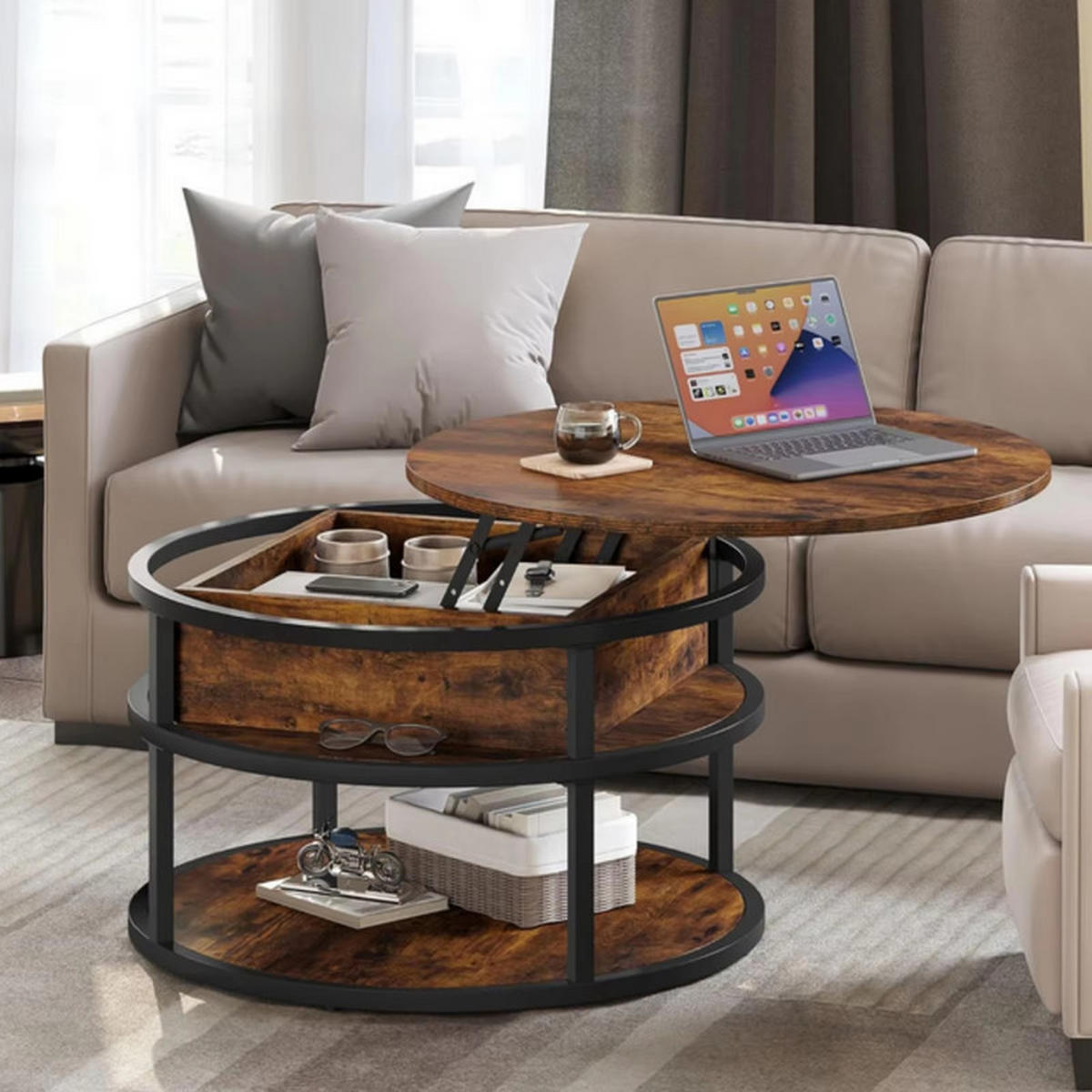 COUCHTISCH rund höhenverstellbar Landhausstil versteckter Stauraum Holz Grau - Grau, Holz (80/80/60cm) - Kaket