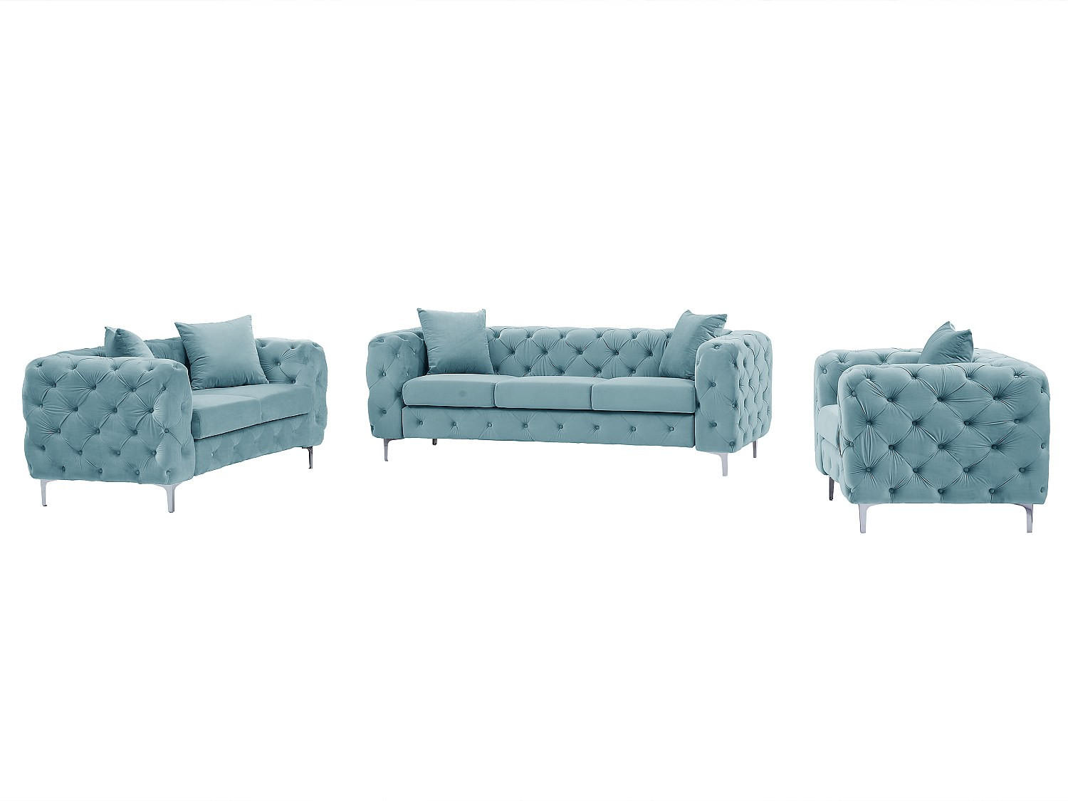 CHESTERFIELD-SOFA 3-Sitzer, 2-Sitzer & Chesterfield-Sessel - Samt - Pastellblau - EDWINA - Hellblau, Textil (91/76/220cm) - Vente-Unique
