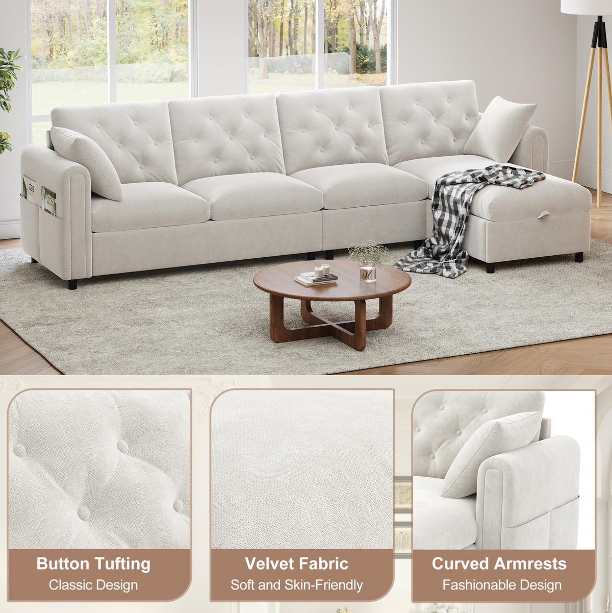 ECKSOFA 281/132/86 cm aus Samt mit Schlaffunktion und Stauraum Beige - Beige, Textil (132/281cm) - Modenvie