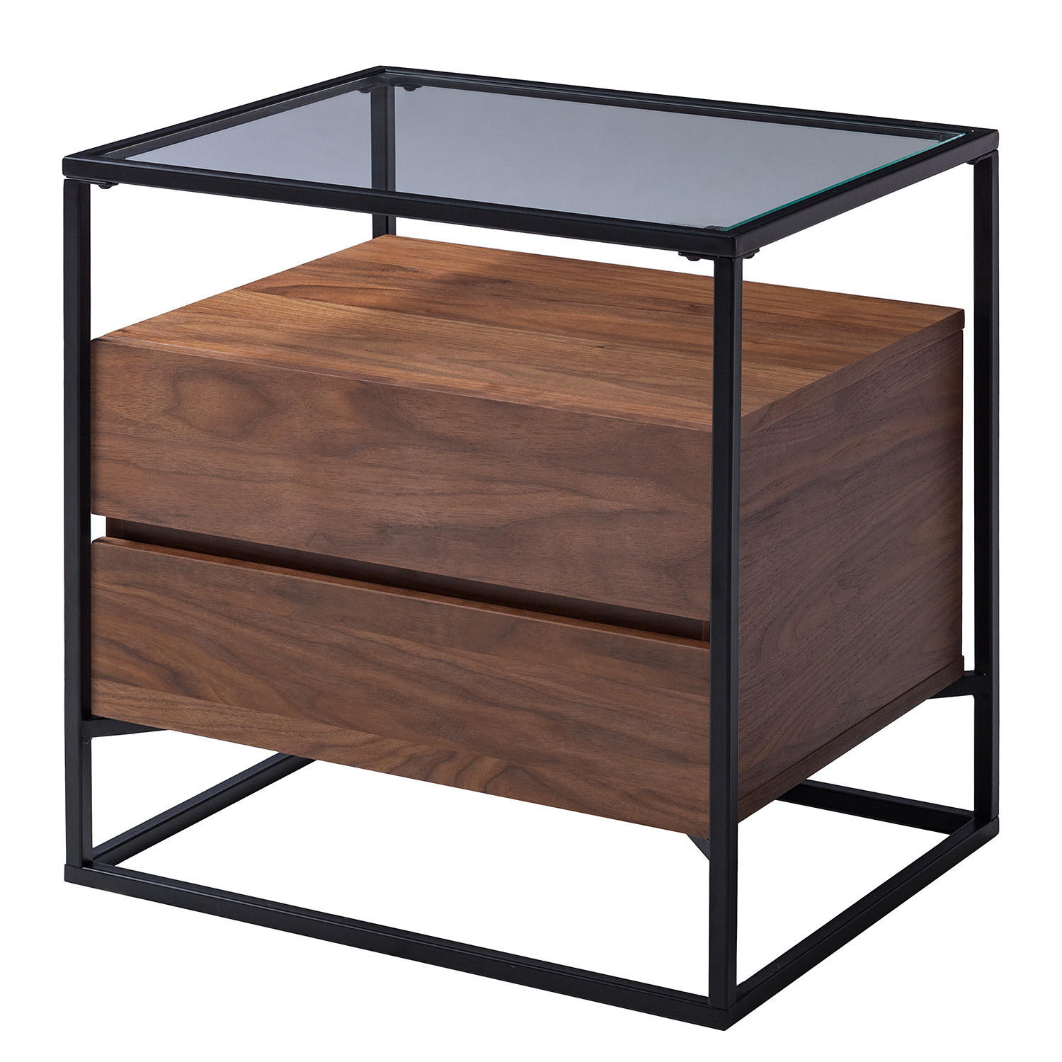 BEISTELLTISCH mit Schubladen - Echtholzfurnier / Metall - Walnuss / Schwarz - Braun, Glas/Holzwerkstoff (43/54/54cm) - home24