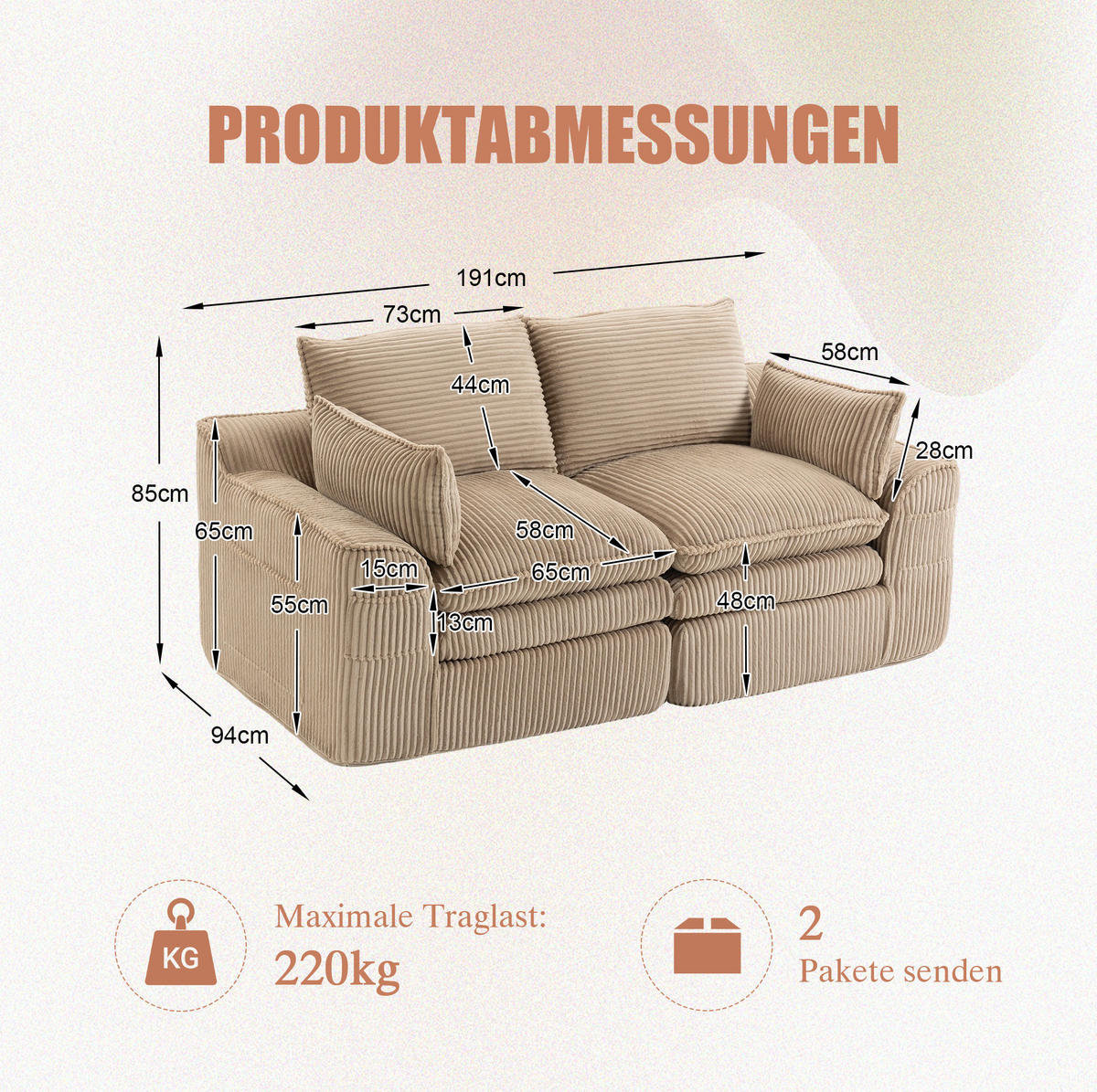 2-SITZER-SOFA 191/94/85 cm mit Seitentaschen, Kissen und Federkern, Khaki - Beige, Textil (191/85/94cm) - Redom