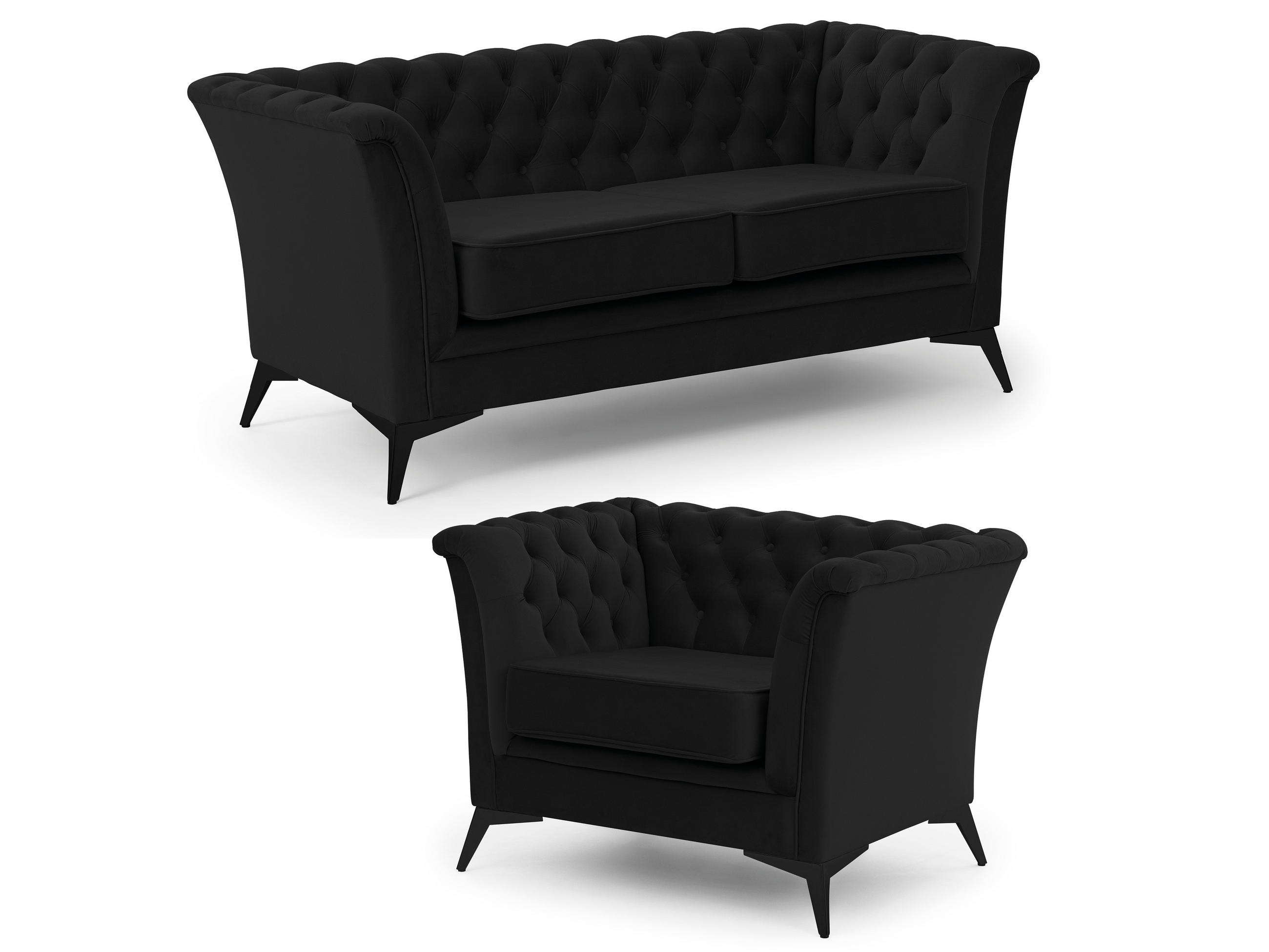 SITZGARNITUR 2+1 Chesterfield Whitby Schwarz Samt mit schwarzen Füßen - Schwarz, Holz/Textil (175/78/82cm) - S-Style Möbel