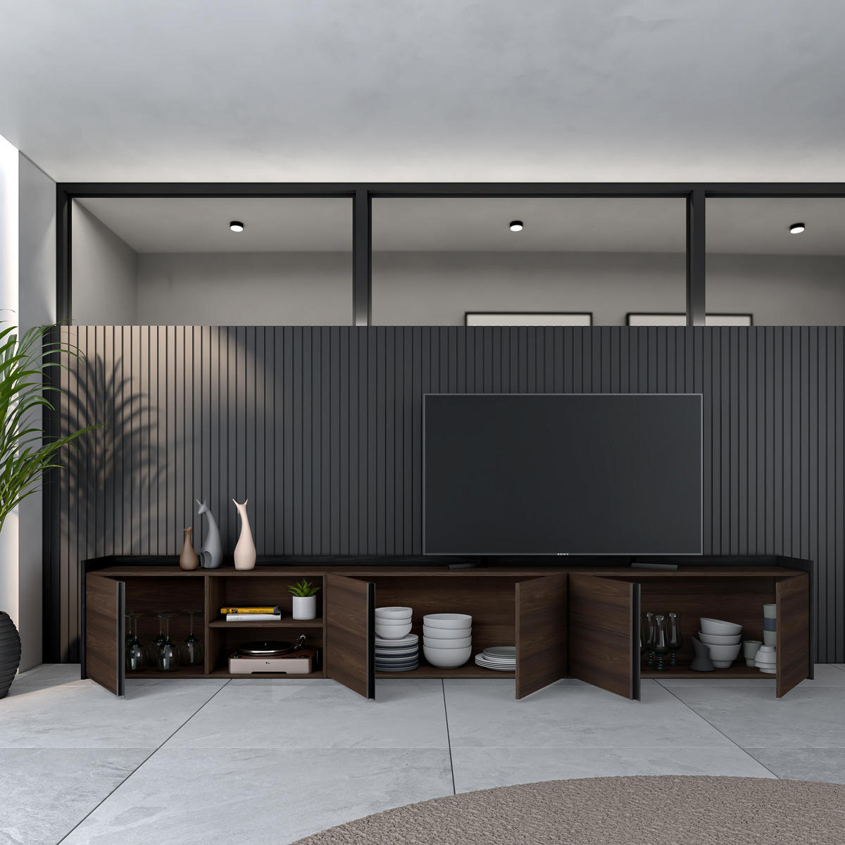 LOWBOARD, Dunkler Eiche und Schwarz, 309/35/50cm - Dunkelbraun, Holzwerkstoff (309/50/35cm) - Skraut Home