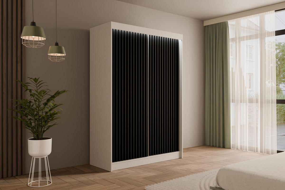 KLEIDERSCHRANK mit LED, Lamel-Schiebetüren VILANv2 - 120 cm Weiß + Lamelle schwarz - Schwarz/Weiß, Holzwerkstoff (120/215/61cm) - ALTDECOR
