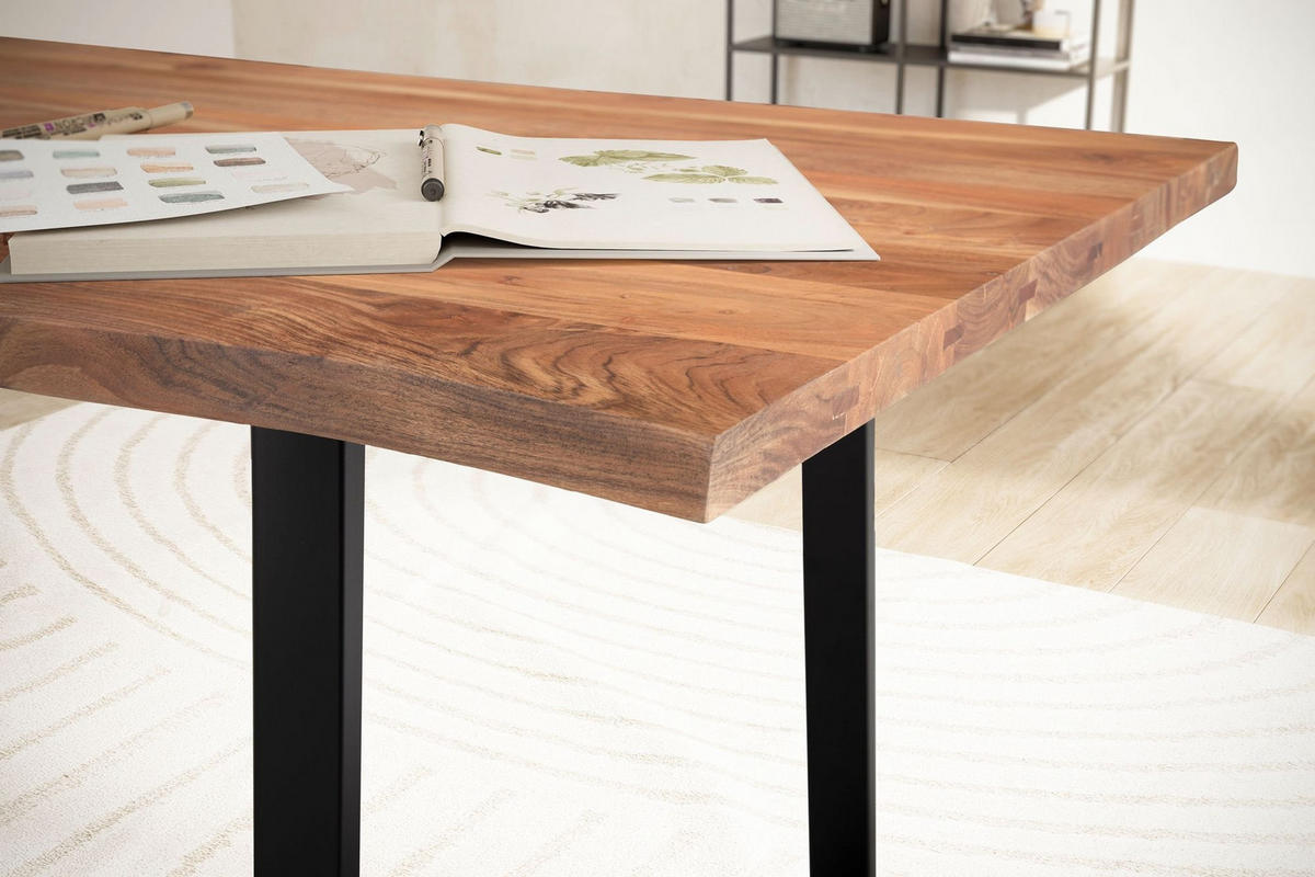 SCHREIBTISCH Massivholz Baumkante Handgefertigt Akazie TARN, Goldbraun-Schwarz 200x100x76 cm - Schwarz/Braun, Holz/Metall (100/200/76cm) - KADIMA DESIGN