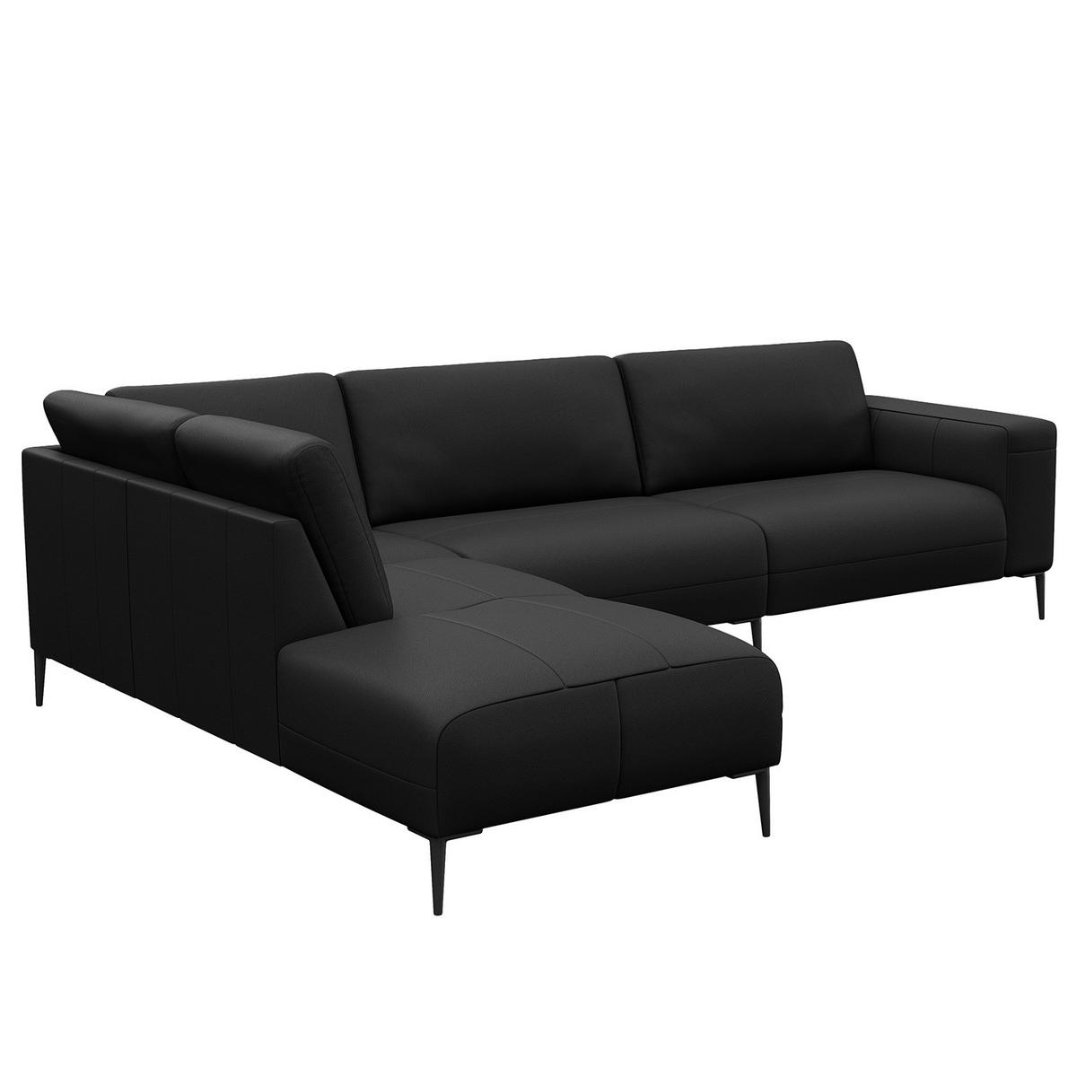 ECKSOFA mit Ottomane - Schwarz, Leder/Metall (290/203cm) - home24