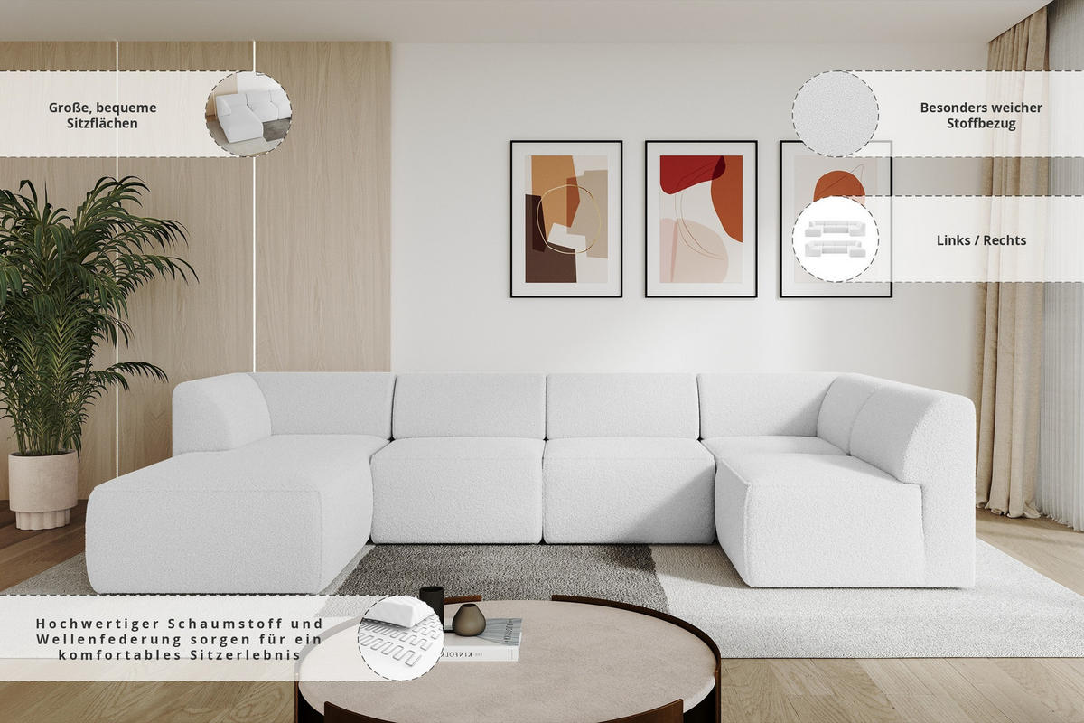WOHNLANDSCHAFT Ottomane Links MOVA 345x180x78 Weiß Bouclé - Schwarz/Weiß, Holzwerkstoff/Kunststoff (180/78/345cm) - ALTDECOR