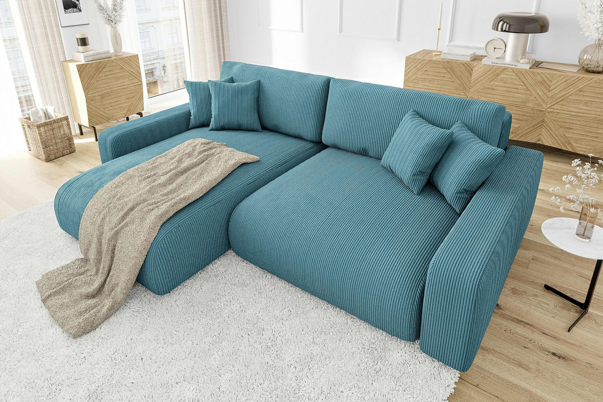 ECKSOFA Emma Türkis Cord - Ottomane links - Türkis, Textil (234/170cm) - S-Style Möbel