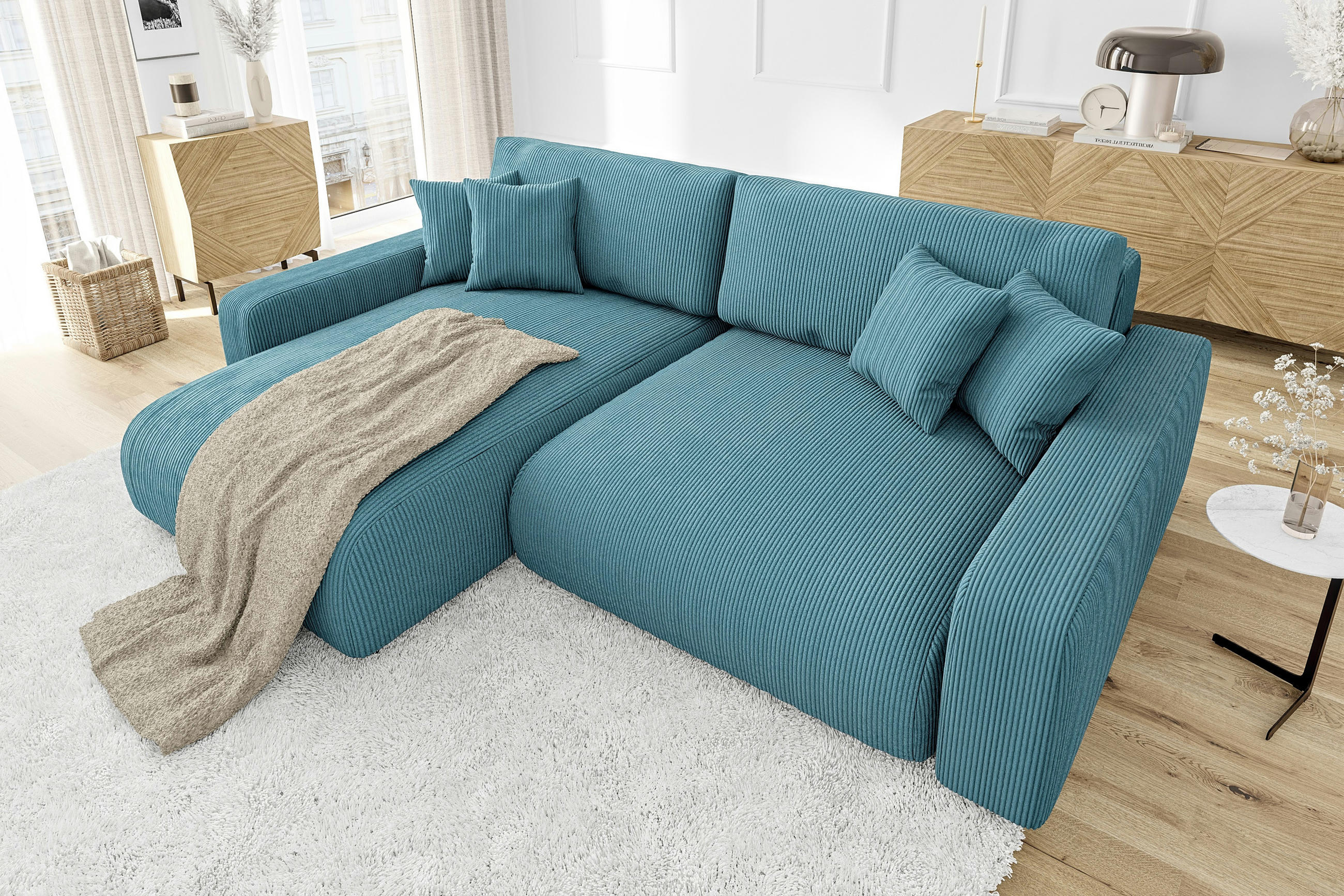 Thumbnail - S-Style Möbel Ecksofa, Türkis, Textil, Birke, 4-Sitzer, Füllung: Silikon,Komfortschaum, L-Form,L-Form, 234x170 cm, Herge...