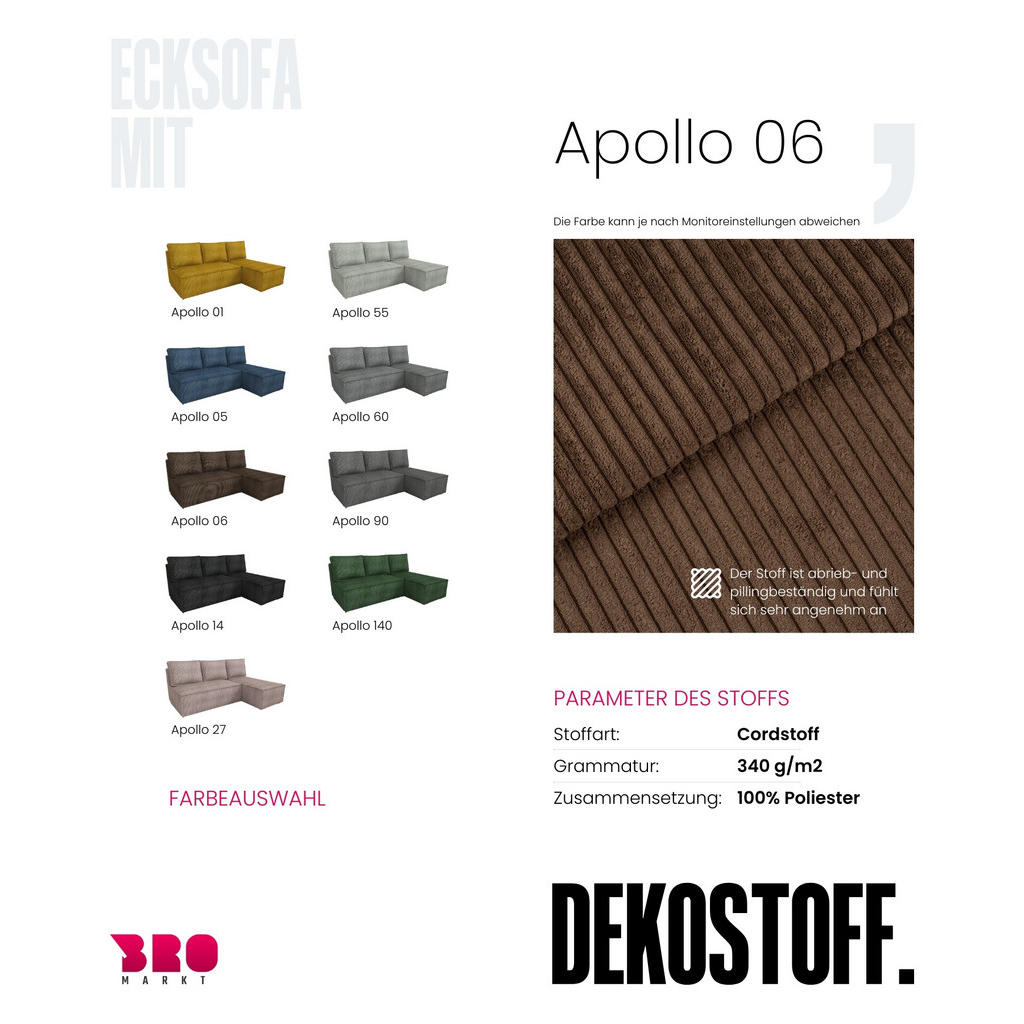 Thumbnail - Bromarkt Ecksofa, Braun, Textil, 3-Sitzer, Ottomane rechts, seitenverkehrt montierbar, L-Form, 200x141 cm, Wohnzimmer, S...