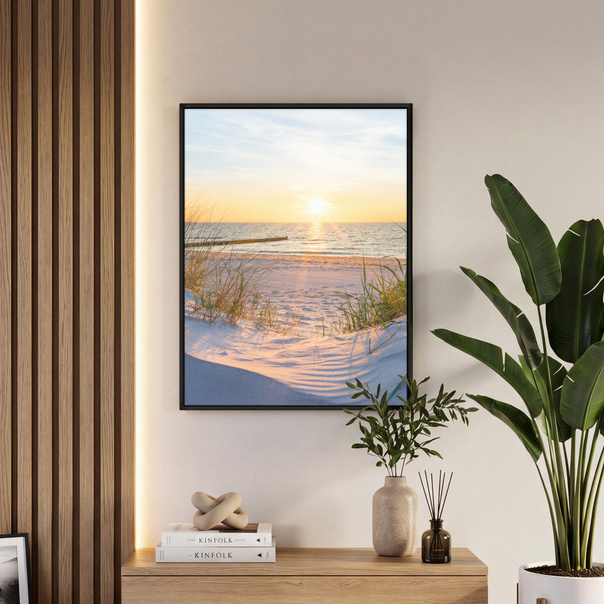 LEINWAND Bilder mit Rahmen - Strand - Sonne - Düne - Gras - Sand - Horizont - 50x70 - Hellblau, Textil (50/70cm) - MuchoWow