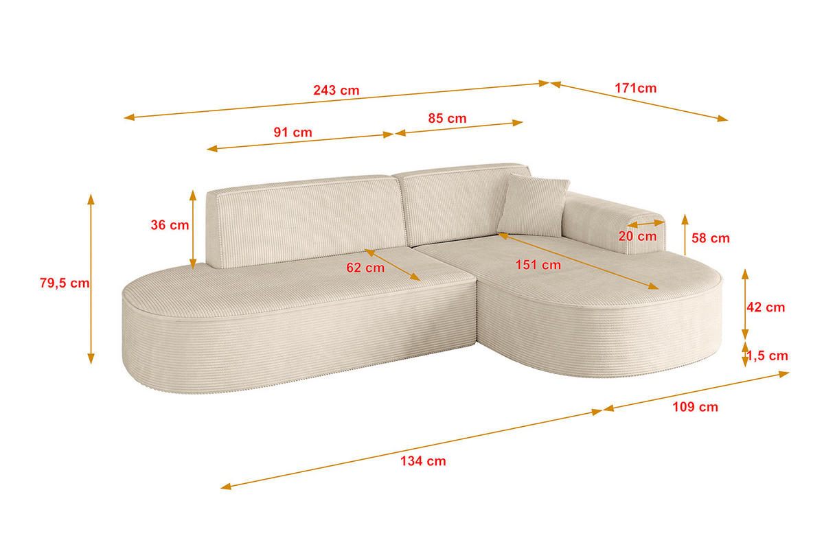 ECKSOFA Ottomane Rechts MARI-L1 - 243x171x79 cm Beige Cord - Beige/Schwarz, Holzwerkstoff/Kunststoff (234/163cm) - ALTDECOR