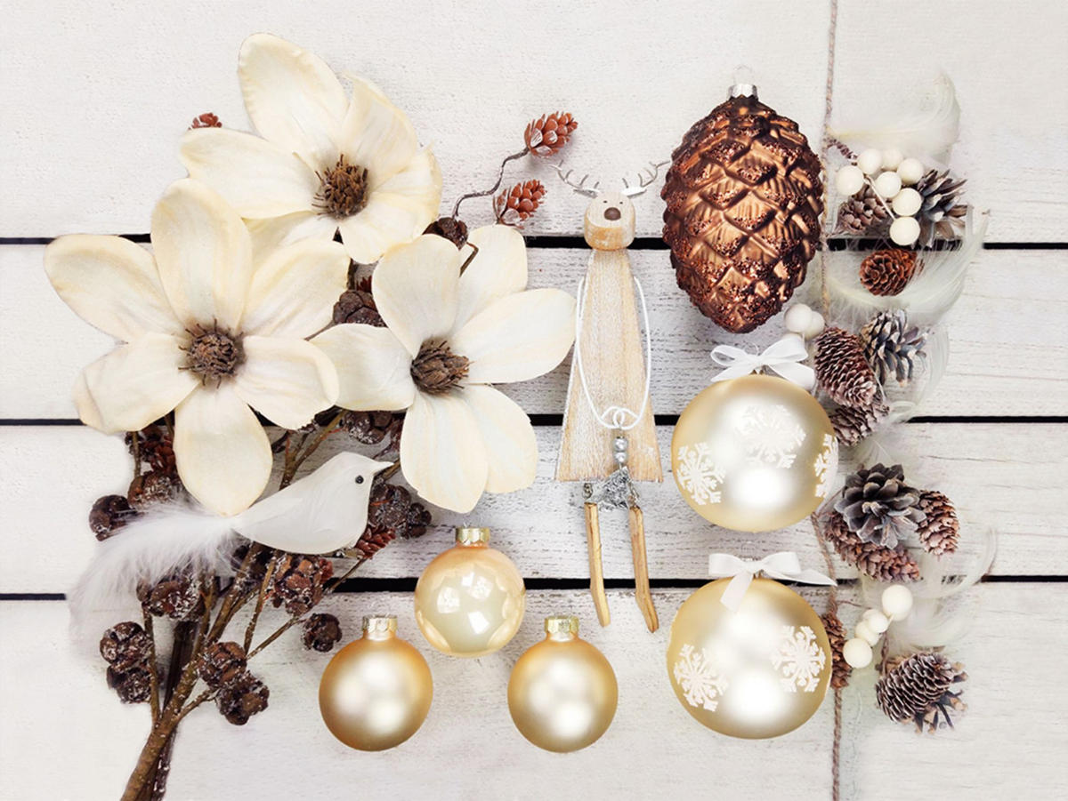 WEIHNACHTSBAUM geschmückt künstlich mit 136 Stk Kugeln ELEGANZ DER NATUR 270 cm mit Metallständer - Creme/Braun, Kunststoff (270cm) - LAALU