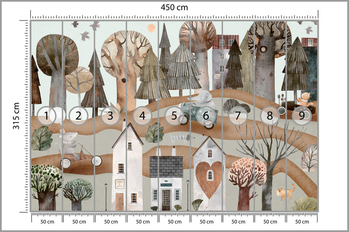 FOTOTAPETE für Kinderzimmer Fantastische Stadt Häuser Wald Tiere Autos 450x315 - Beige/Braun, Papier (450/315cm) - Muralo