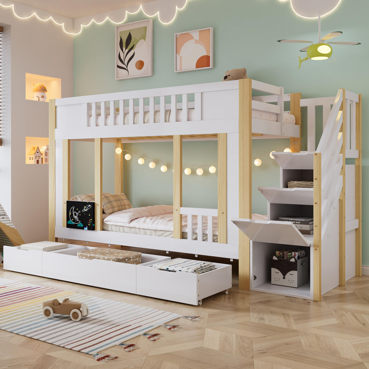 ETAGENBETT 90/200 cm aus Kiefer und MDF mit Treppenschrank und 3 Schubladen Weiß/Natur - Weiß, Holzwerkstoff (90/200cm) - Modenvie