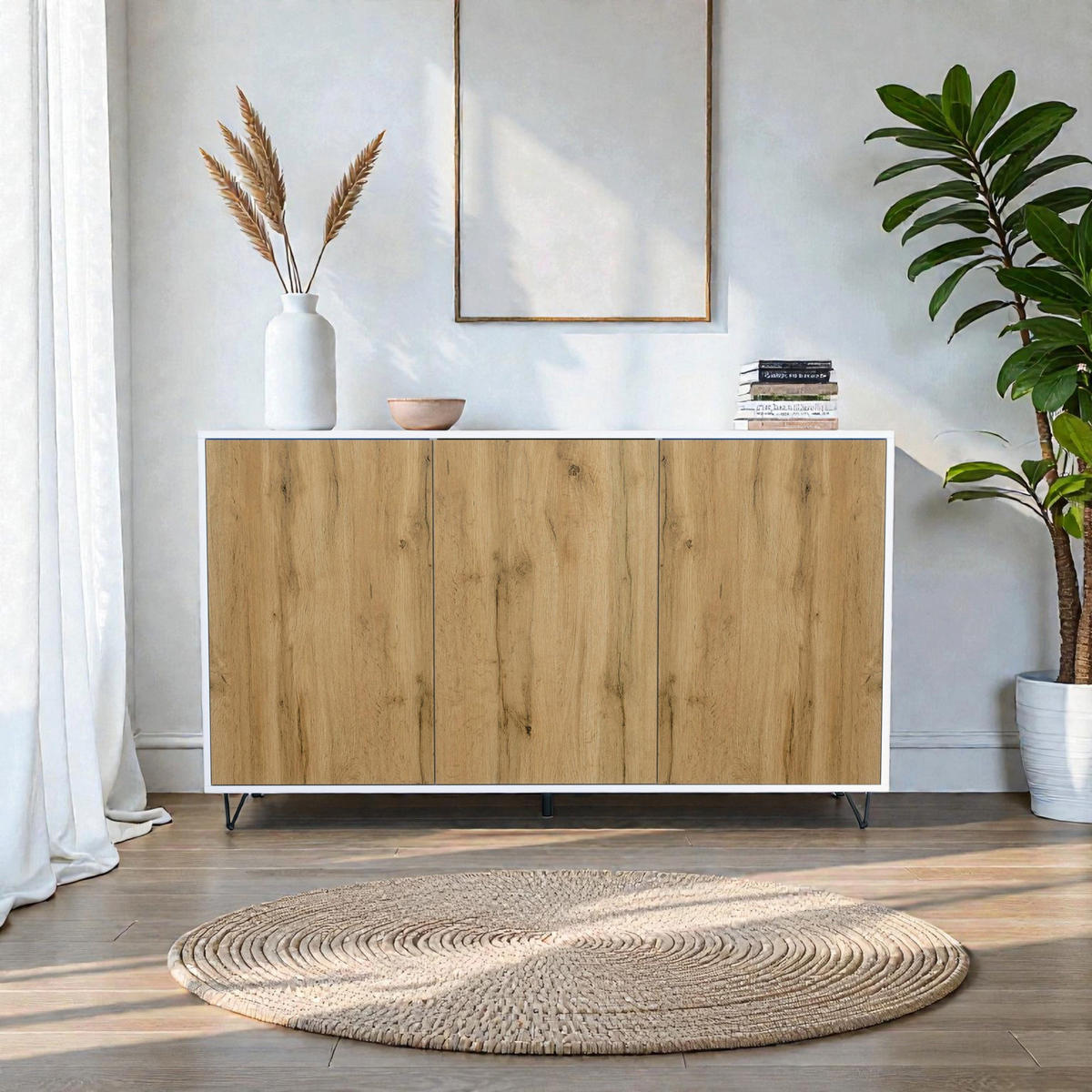 SIDEBOARD Elisa, Kommode mit Push-to-Open, Made in Germany, Moderner Schrank, Weiß matt/Eiche Evoke (152,5 x 90,5 x 37 cm) - Eiche Wotan, Holzwerkstoff (152.5/90.5/37cm) - InnoFurn