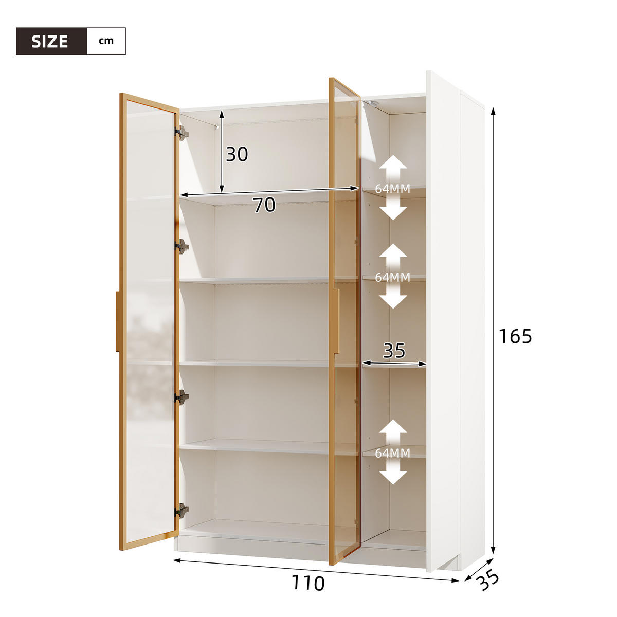 VITRINE 165cm Weiß Glas LED 3 Türen verstellbar modern - Weiß, Holzwerkstoff (110/165/35cm) - FLIEKS