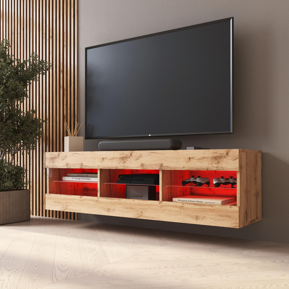 LOWBOARD TIVOLI RTV 140, Wotan, LED Mehrfarbige - Eiche Wotan, Glas/Holzwerkstoff (140/40.5/35.5cm) - Komodee