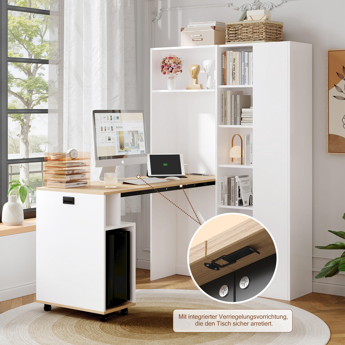 BÜROTISCH mit Regal und ausziehbarem Arbeitstisch – Weiß Holzoptik - Weiß, Holzwerkstoff/Metall (30.5/104.5/160cm) - Urban Meuble