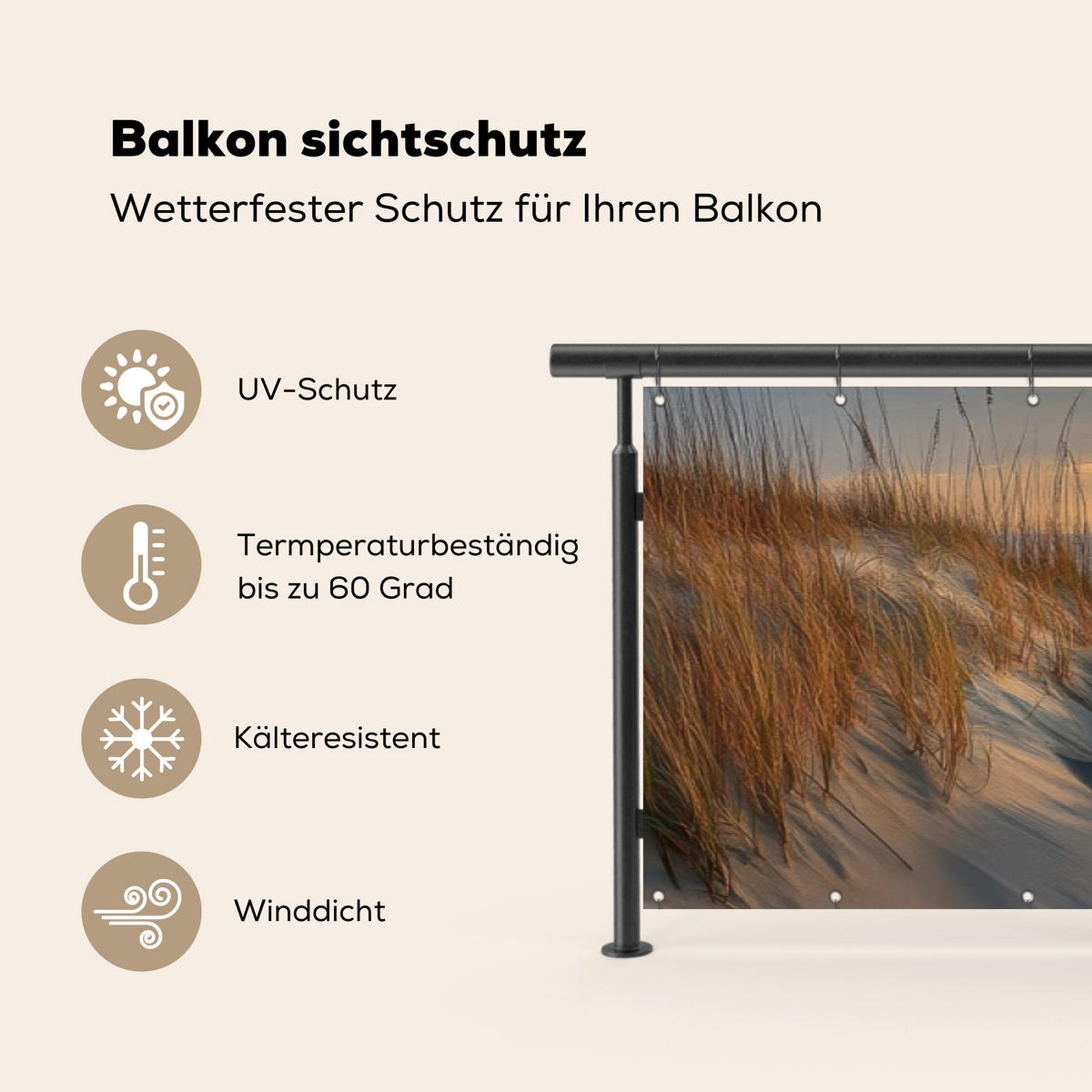 BALKON-SICHTSCHUTZ Strand - Dünen - Sonnenuntergang 500x110 cm - Sandfarben, Kunststoff (500/110cm) - MuchoWow