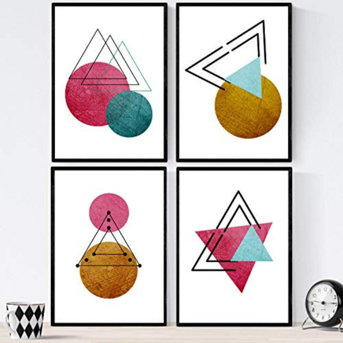 POSTER Set mit 4 Geometrische Nordischer Kreisen und Dreiecken A4 Schwarzer Rahmen - Schwarz, Papier (29.7/3cm) - Nacnic