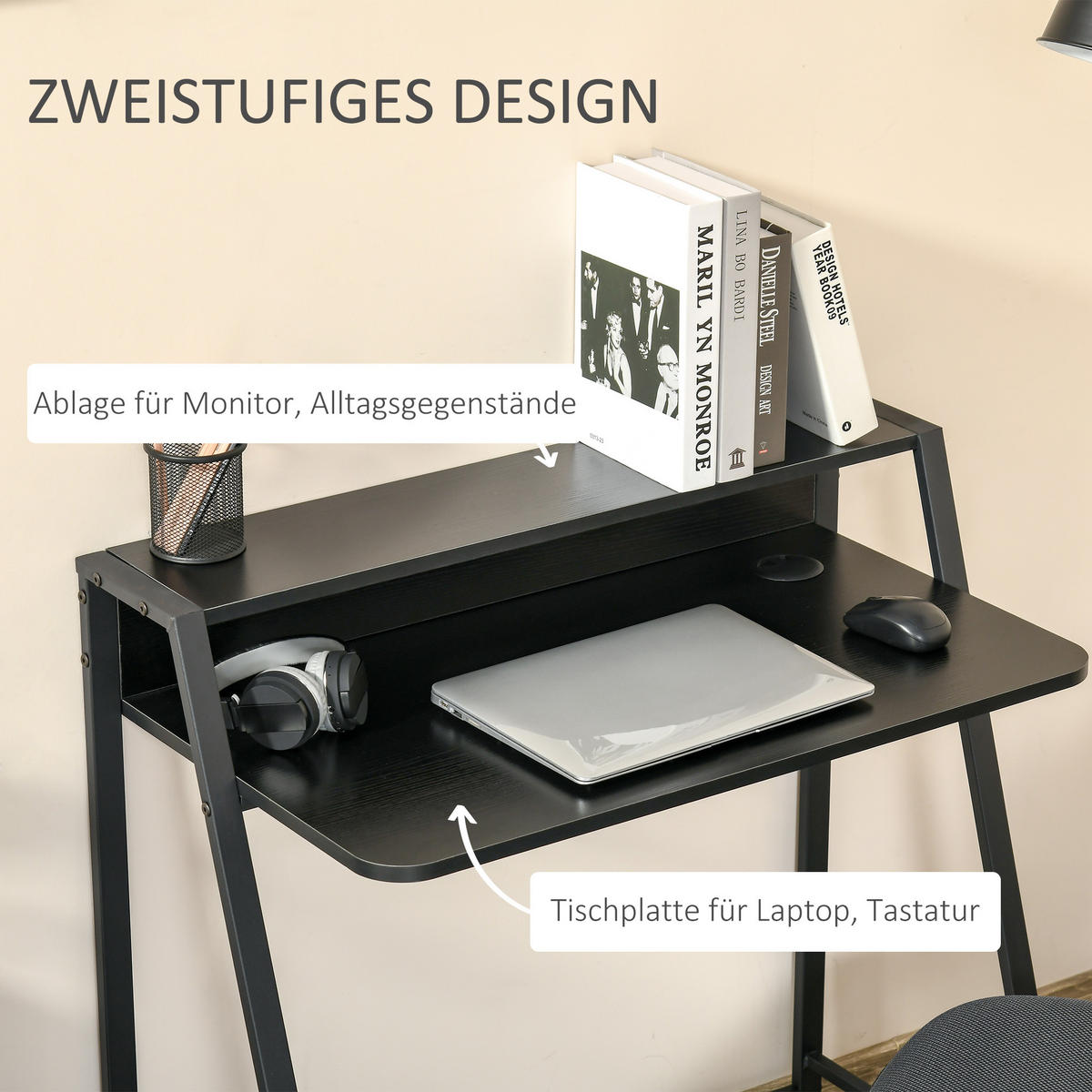 SCHREIBTISCH, MDF, Eisen, Schwarz - Schwarz, Kunststoff (84/45/85cm) - HOMCOM