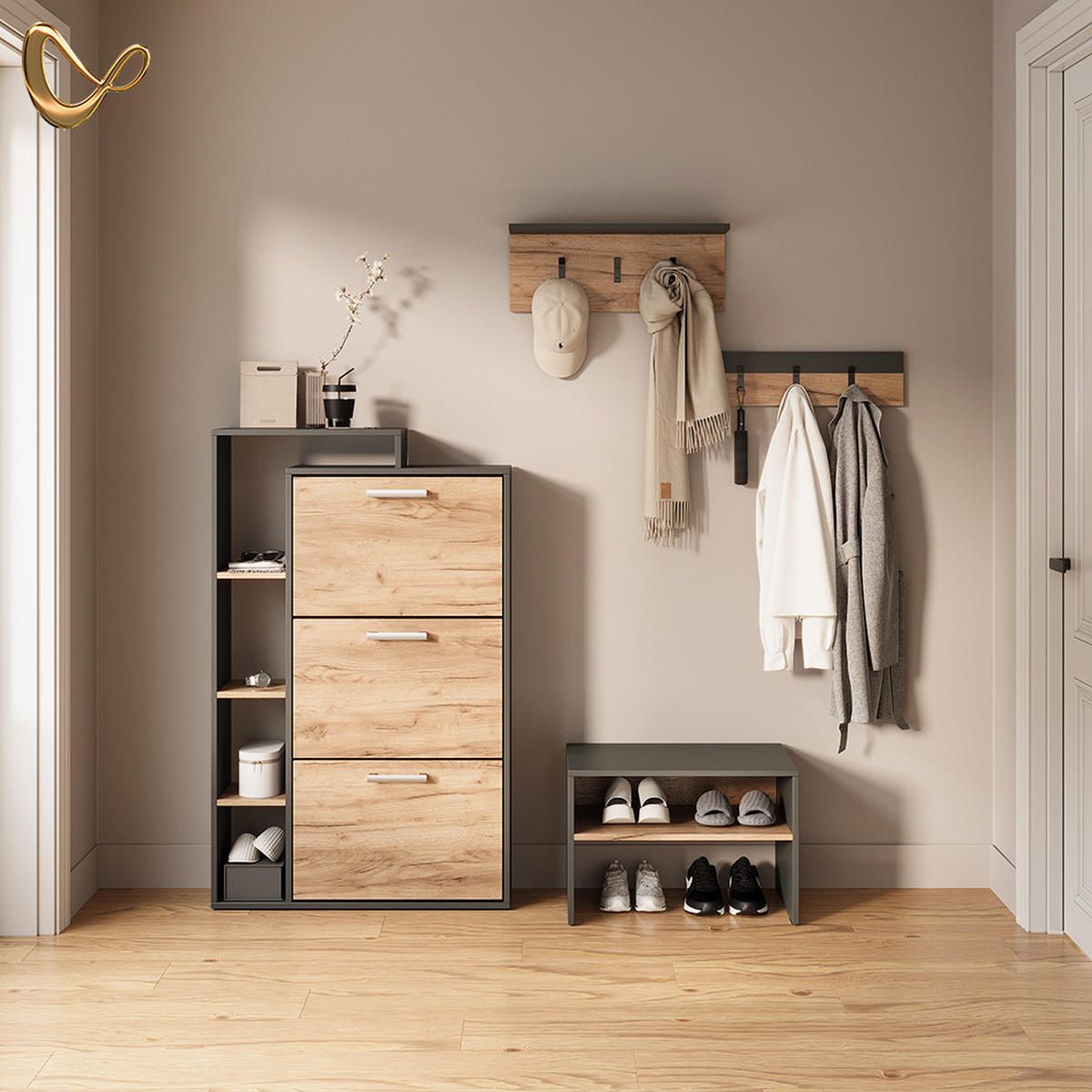 SCHUHKIPPER Ortello Goldkraft Eiche/Anthrazit 80 x 128.3 cm mit 3 Fächern - Honigeiche/Anthrazit, Holzwerkstoff (80/128.3/24.2cm) - Livinity®