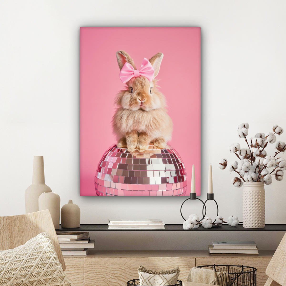 LEINWANDBILD Schleife - Discoball - Kaninchen Wandbild Wohnzimmer 60x80 cm - Pink, Textil (60/80cm) - MuchoWow