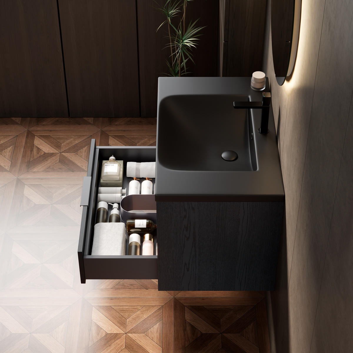 BADEZIMMERSCHRANK 74.5x46.5x51.5 cm Schwarz & Dunkle Eiche aus Keramik & Sperrholz - Schwarz, Keramik (74.5/51.5/46.5cm) - Modfu