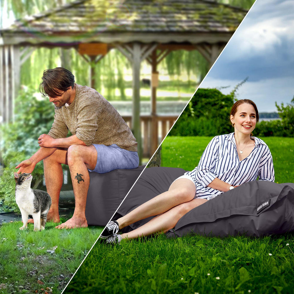 XXL-SITZSACK + Pouf 2er Set - 140x180cm - Anthrazit, Textil (140/25/180cm) - Green Bean