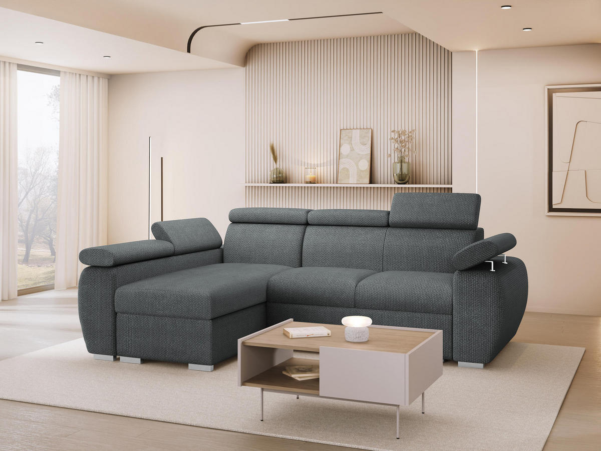 ECKSOFA Boston Mini, Seite: Links - LC+2R - Chromfarben/Blaugrau, Holz/Textil (255/170cm) - MIRJAN24