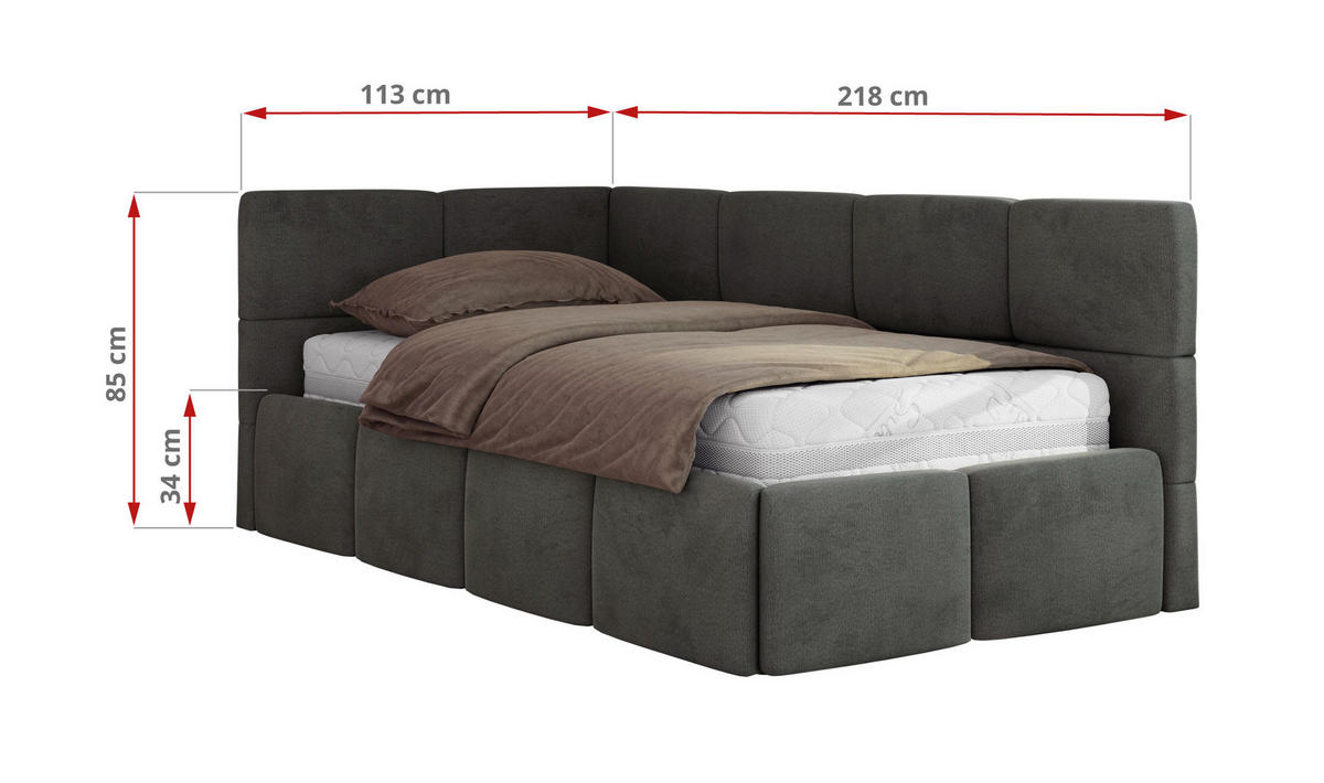 JUGENDBETT ARVO 90/200 - Dunkelgrau Velvet - Pocket-Matratze - Links Seite - Dunkelgrau, Textil (90/200cm) - MKS