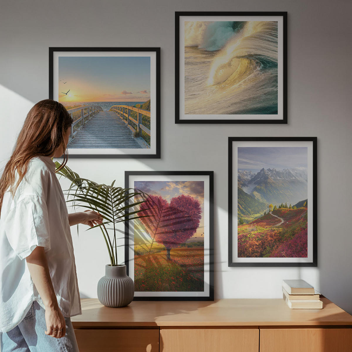 BILDER SET 4er Set - 50x50 cm & 40x60 cm Schwarzer Rahmen - Landschaften Berge Wellen Baum Herz Pier - Schwarz, Kunststoff (50/50cm) - TULUP