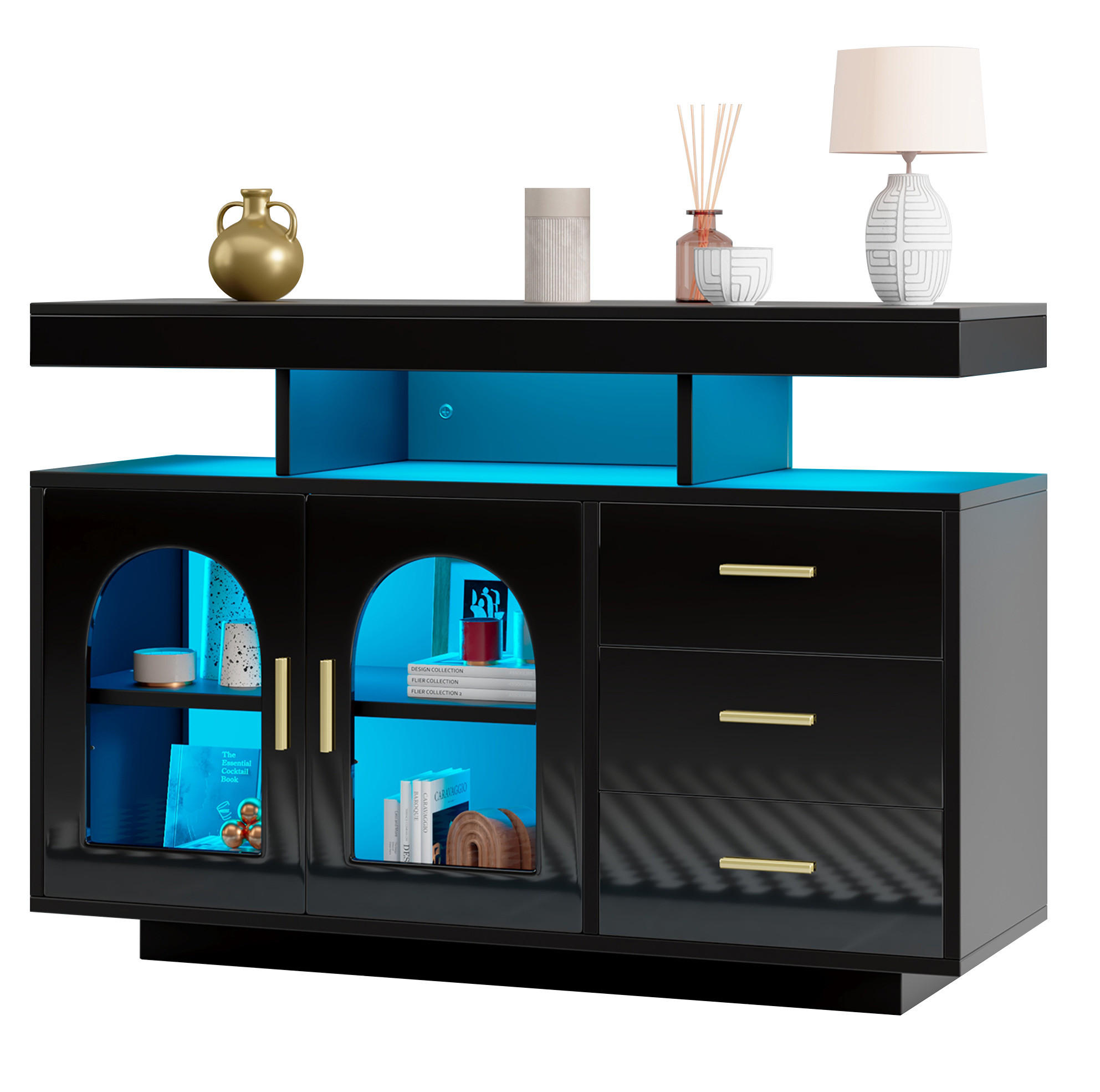 SIDEBOARD z dřevotřísky, 120/40/80 cm černý, vysoký lesk s LED osvětlením - černá, kompozitní dřevo (120/80/40cm) - BEAOK