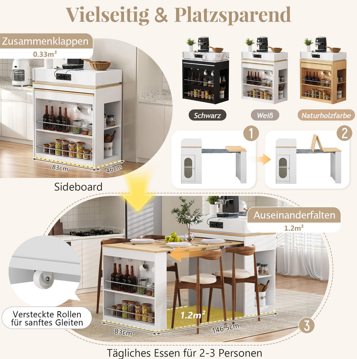 KÜCHENINSEL 83/46-146,5/96 cm aus MDF und Glas mit ausziehbarer Tischplatte Weiß - Weiß, Holzwerkstoff (83/96/46cm) - Modenvie