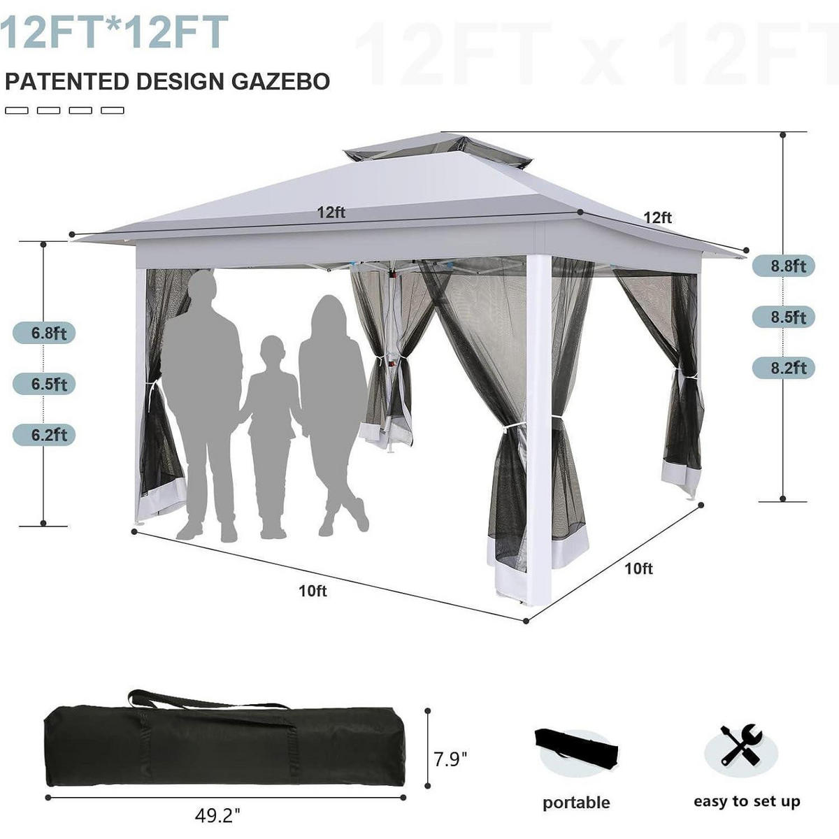 FALTPAVILLON Grau mit Moskitonetz 3,65 x 3,65 m - Grau, Metall (365/270/365cm)