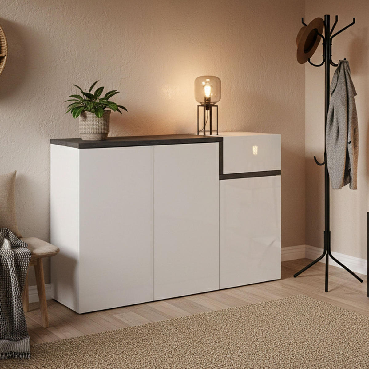 SCHUHSCHRANK Glänzendes Weiß, Schiefer 40/120/80 cm - Schieferfarben/Weiß, Holzwerkstoff (120/80/40cm) - DMORA