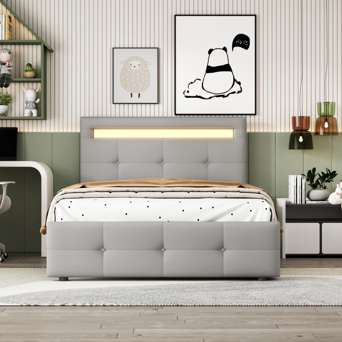 POLSTERBETT 90/200 cm Grau mit LED-Beleuchtung und 2 Schubladen - Grau, Textil (90/200cm) - Flora Grace