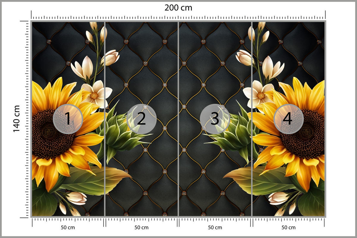 FOTOTAPETE für Küche Blume Sonnenblumen auf gestepptem Hintergrund 200x140 - Gelb/Schwarz, Papier (200/140cm) - Muralo