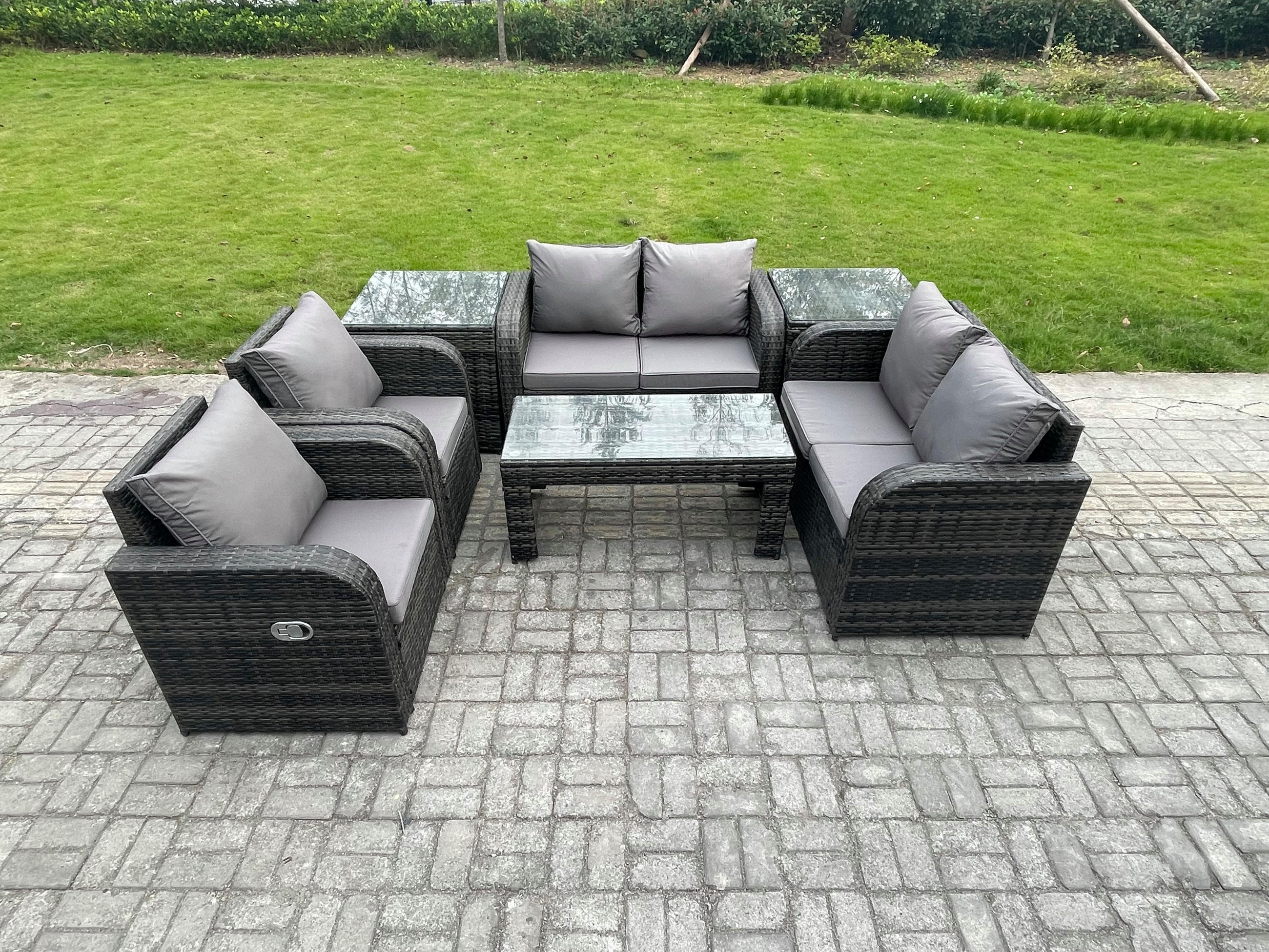 GARTENSOFA SET mit LIEGESTUHL Polyrattan 6-Sitzer Dunkelgrau - Dunkelgrau/Grau, Glas/Kunststoff - Fimous