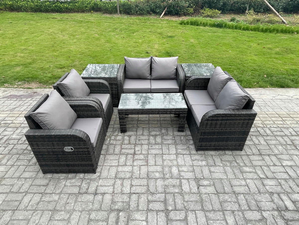 GARTENSOFA SET mit LIEGESTUHL Polyrattan 6-Sitzer Dunkelgrau - Dunkelgrau/Grau, Glas/Kunststoff - Fimous