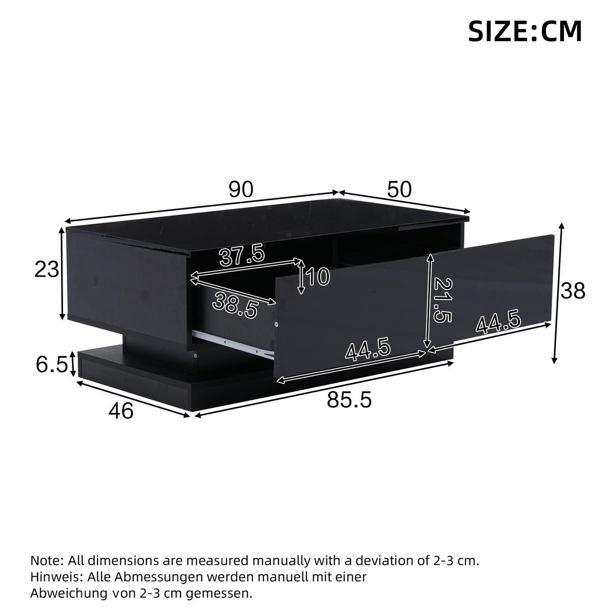 COUCHTISCH aus Spanplatte 90x50x38 cm in Schwarz mit 2 Schubladen & LED - Schwarz, Holzwerkstoff (90/50/38cm) - Modfu