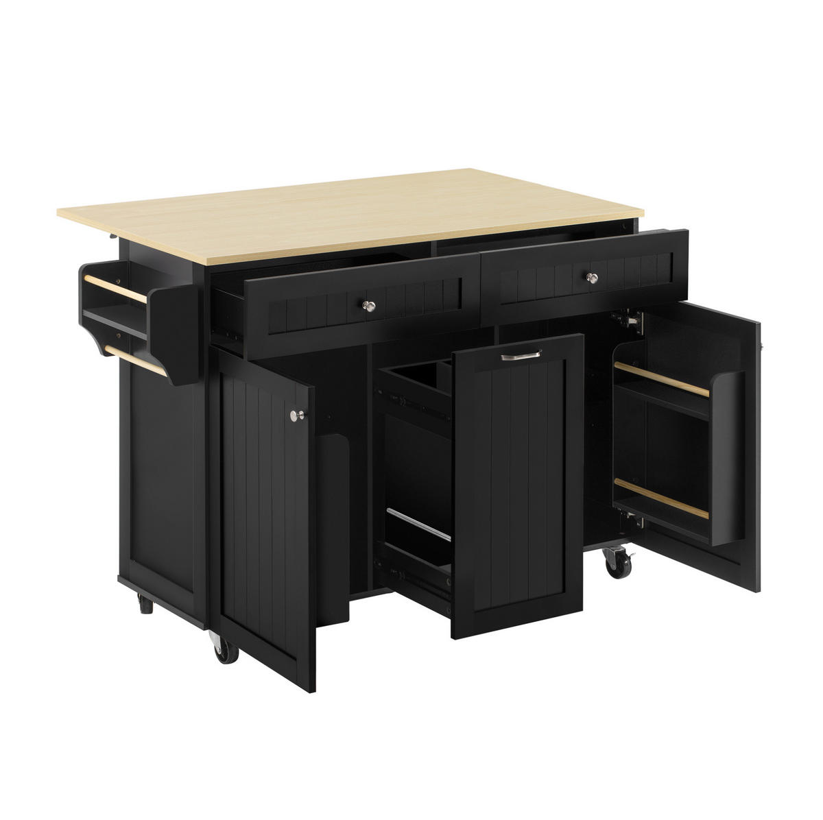 KÜCHENINSEL 140/40-70/92 cm aus MDF mit ausziehbarer Klappplatte, Schubladen und Rollen, Schwarz/Natur - Schwarz, Holzwerkstoff (140/92/70cm) - Redom