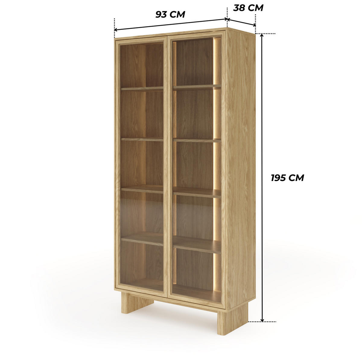VITRINE VIRONE (Geölte Eiche, LED-Beleuchtung, Glasfronten, Push-to-Open, hohe Füße) - Eichefarben, Holz/Holzwerkstoff (93/195/38cm) - Ravio