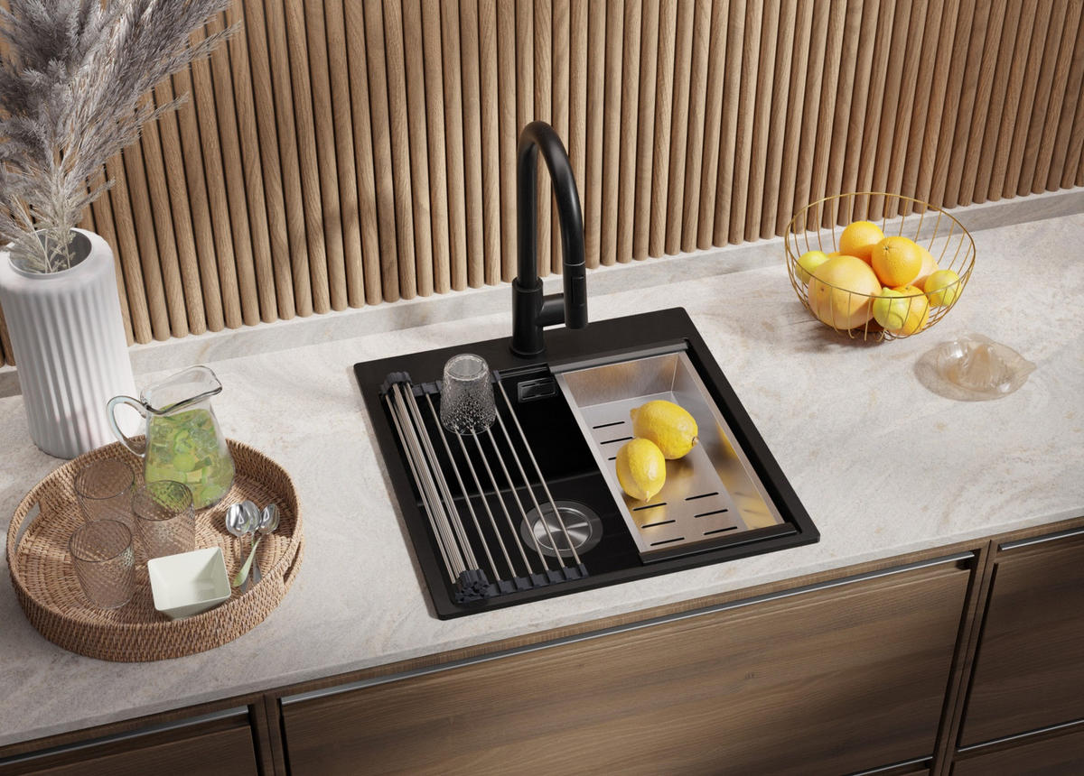 GRANITSPÜLE Oslo, 2-er set Schwarz 48/50 cm 1 Becken + Küchenarmatur 40/38 cm + Ablauf-Set + Schneidebrett ab 50er Unterschrank - Chromfarben/Beige, Kunststoff (48/20/50cm) - Primagran