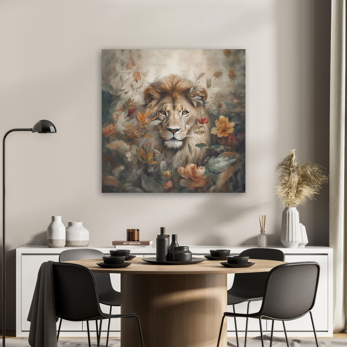 AKUSTIKBILD Löwe - Wildtiere - Pflanzen - Natur - Blumen Akustikpaneele 80x80 cm - Beige, Kunststoff (80/80/0.9cm) - MuchoWow